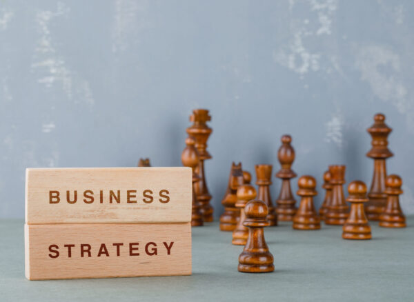 Strategy concept with wooden blocks with words on it on sage color background side view. space for text. horizontal image