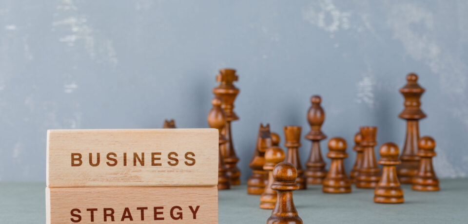 Strategy concept with wooden blocks with words on it on sage color background side view. space for text. horizontal image